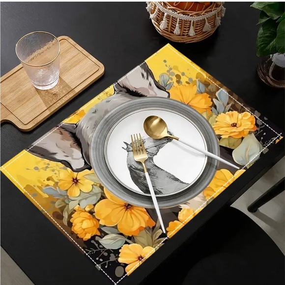 One Yellow Floral French Bulldog / Boston Terrier Linen Dog Food Placemat - Picture 3 of 6